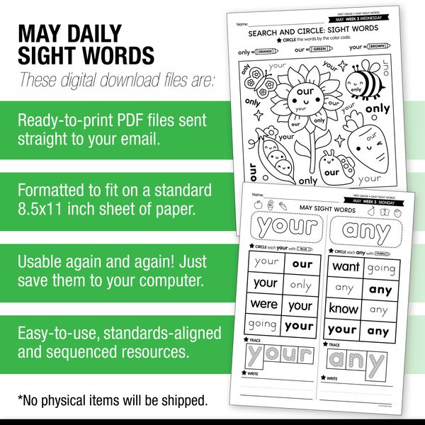 Printable First Grade May Daily Sight Words