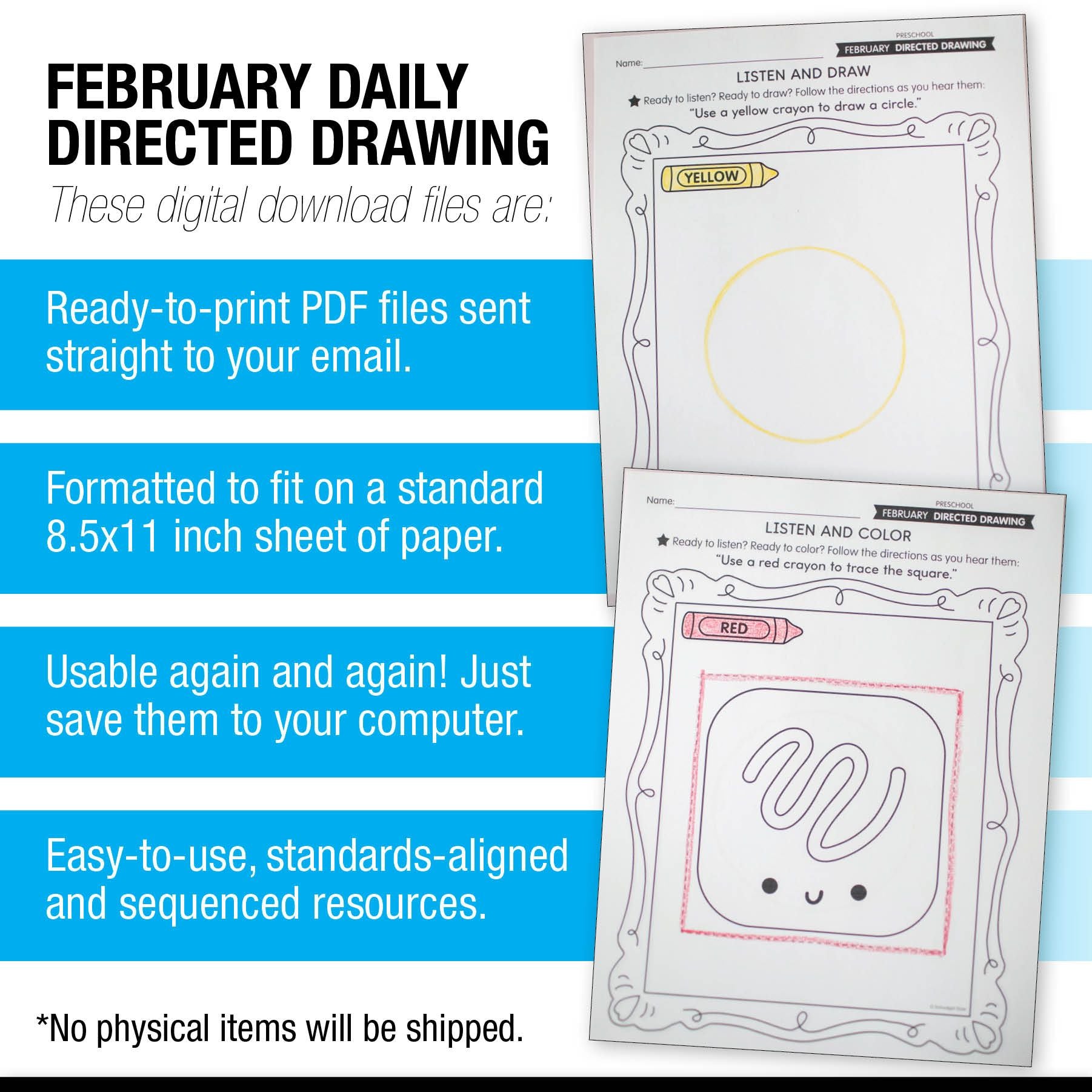 Printable Preschool February Directed Drawing Worksheets