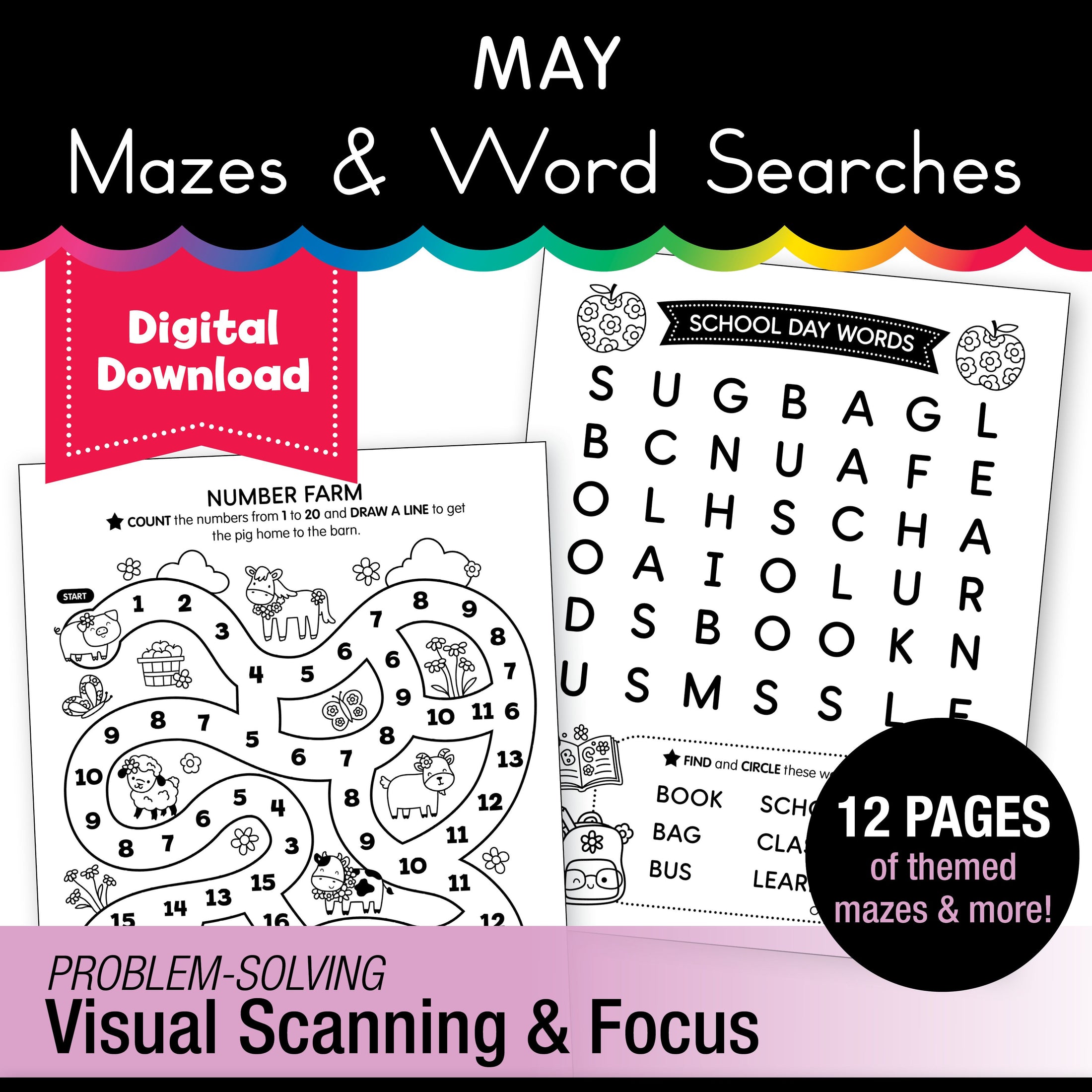 Printable May Mazes and Word Searches