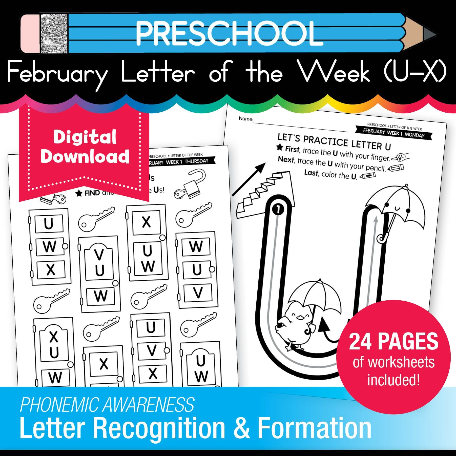 Printable Preschool February Letter of the Week (U-X)