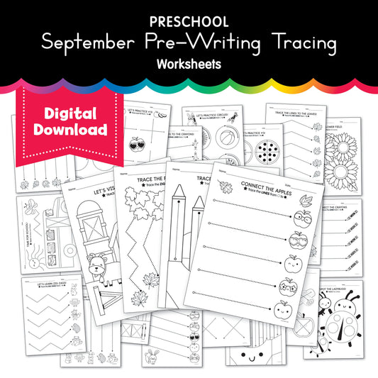 Preschool September Pre-Writing Tracing Worksheets
