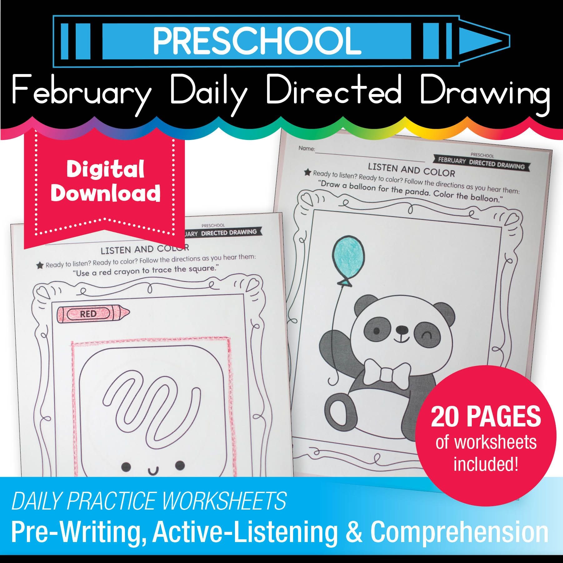 Printable Preschool February Directed Drawing Worksheets