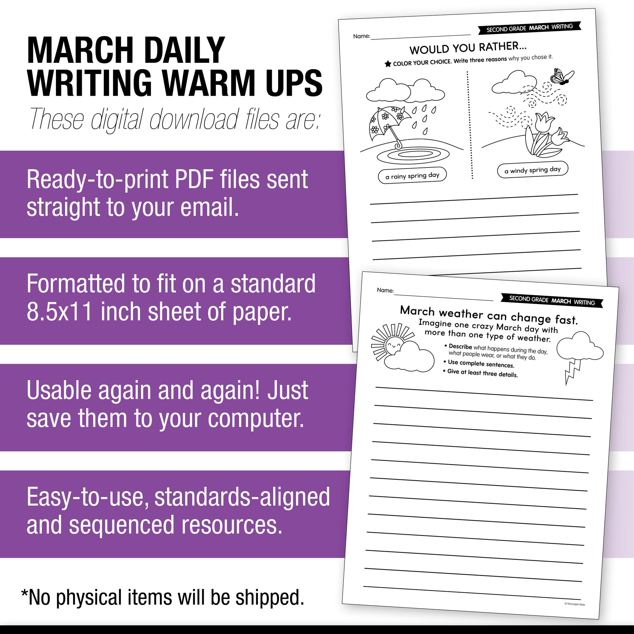 Printable Second Grade March Daily Writing Warm Ups