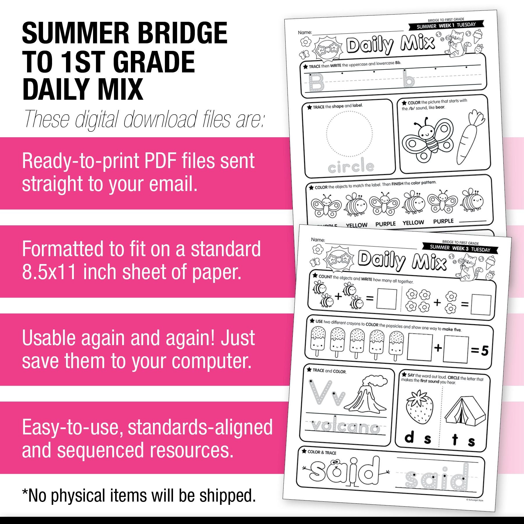 Printable Bridge To First Grade Daily Mix Digital Summer Workbook
