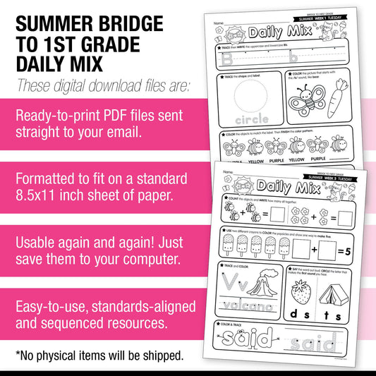 Printable Bridge To First Grade Daily Mix Digital Summer Workbook
