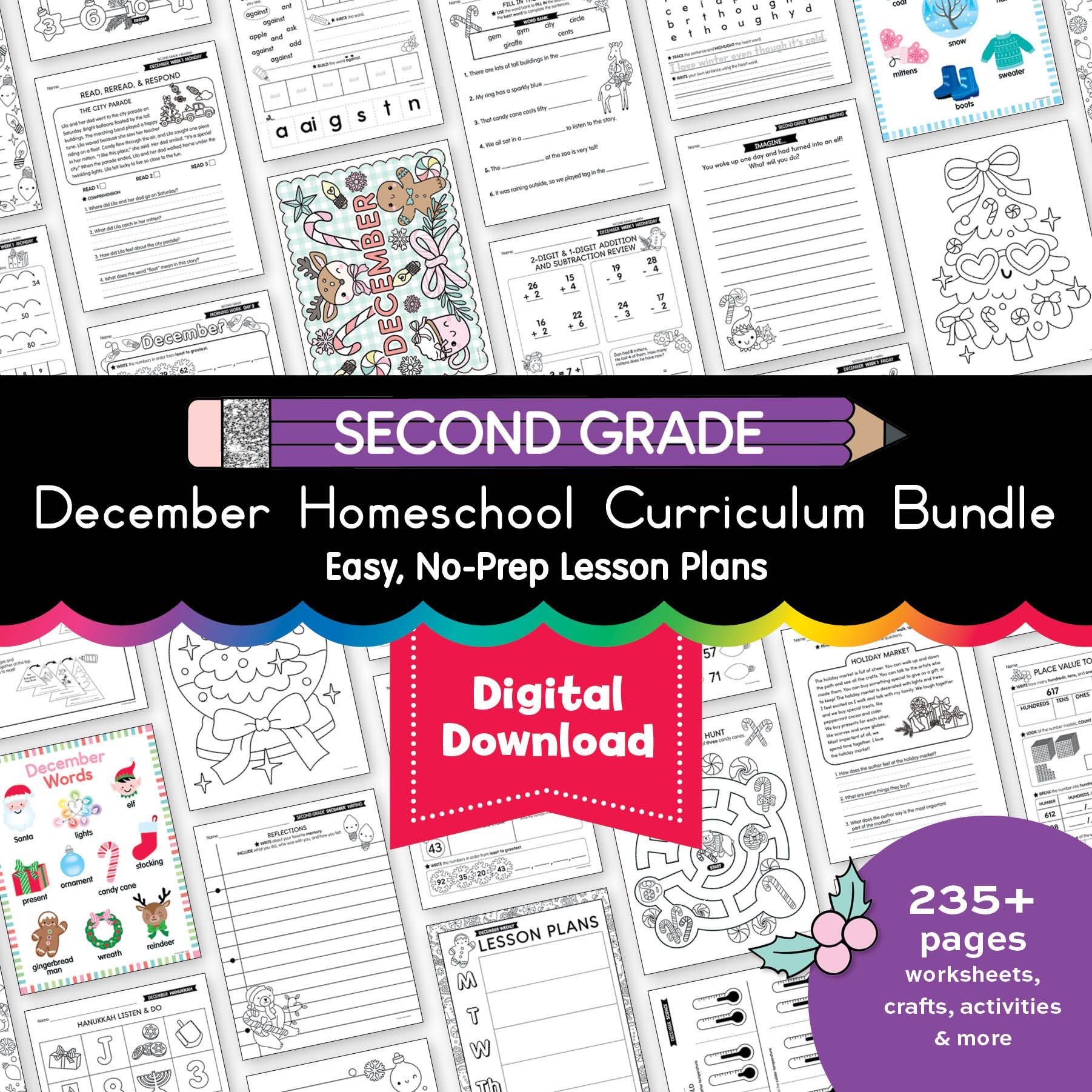 Printable Second Grade December Homeschool Curriculum Bundle