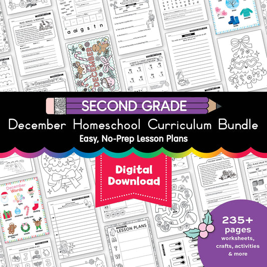 Printable Second Grade December Homeschool Curriculum Bundle