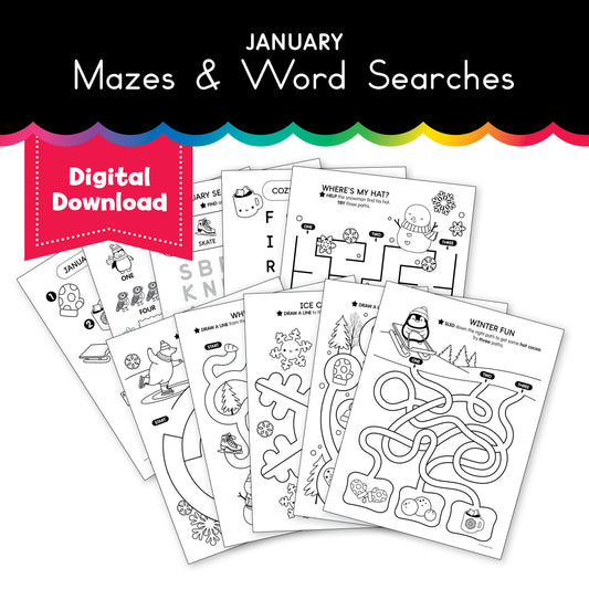 Printable January Mazes and Word Searches