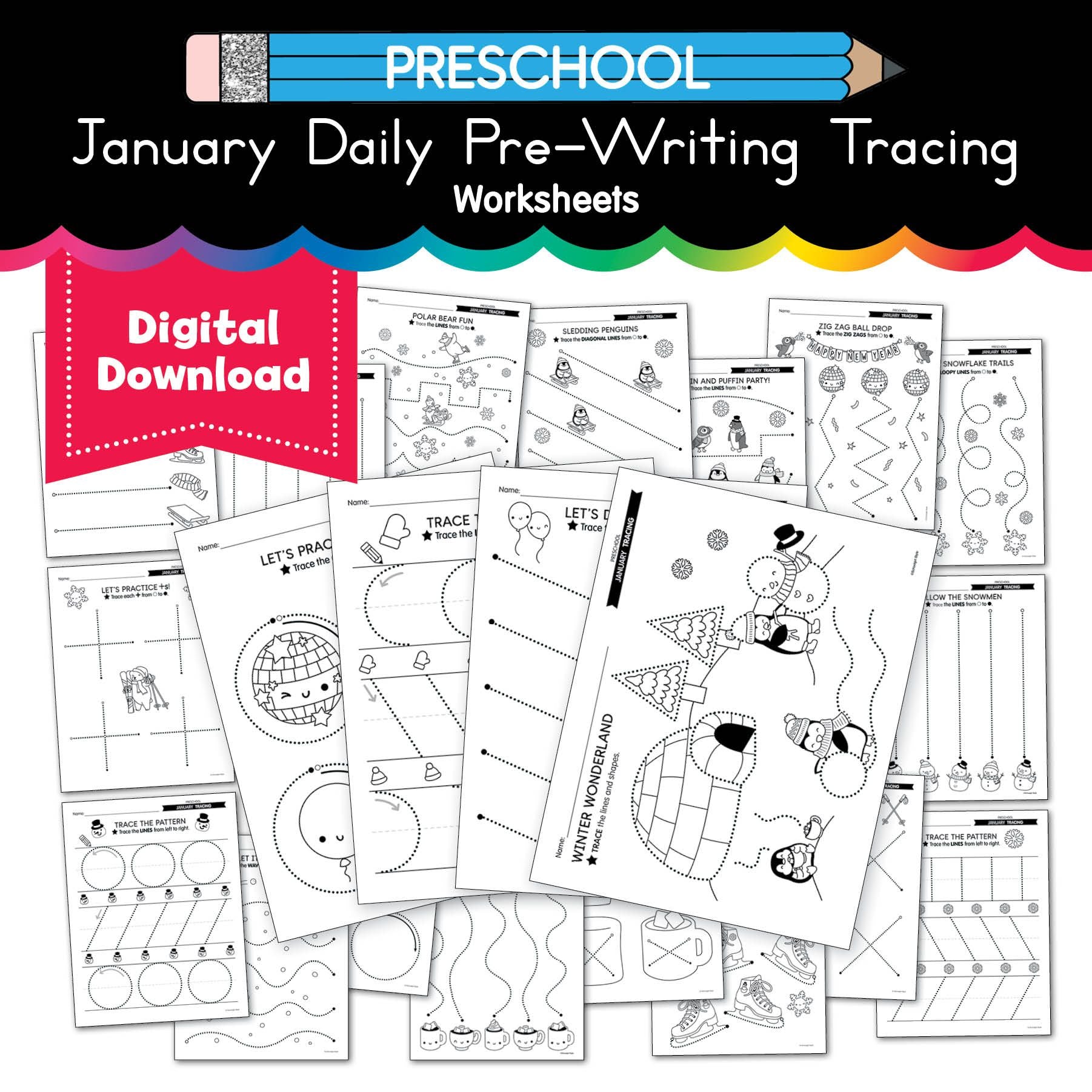 Printable Preschool January Daily Pre-Writing Tracing Worksheets ...