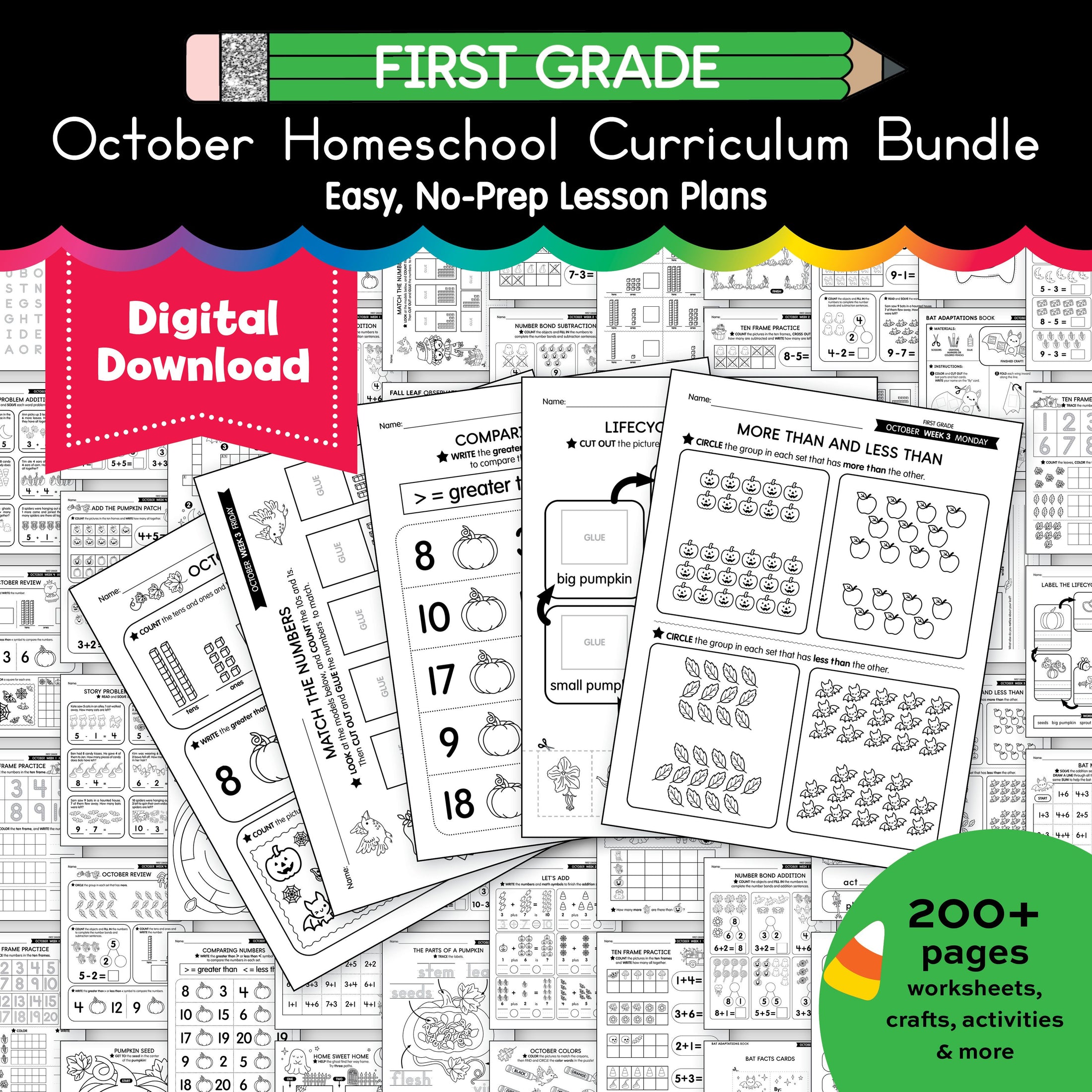 Printable First Grade October Homeschool Curriculum Bundle