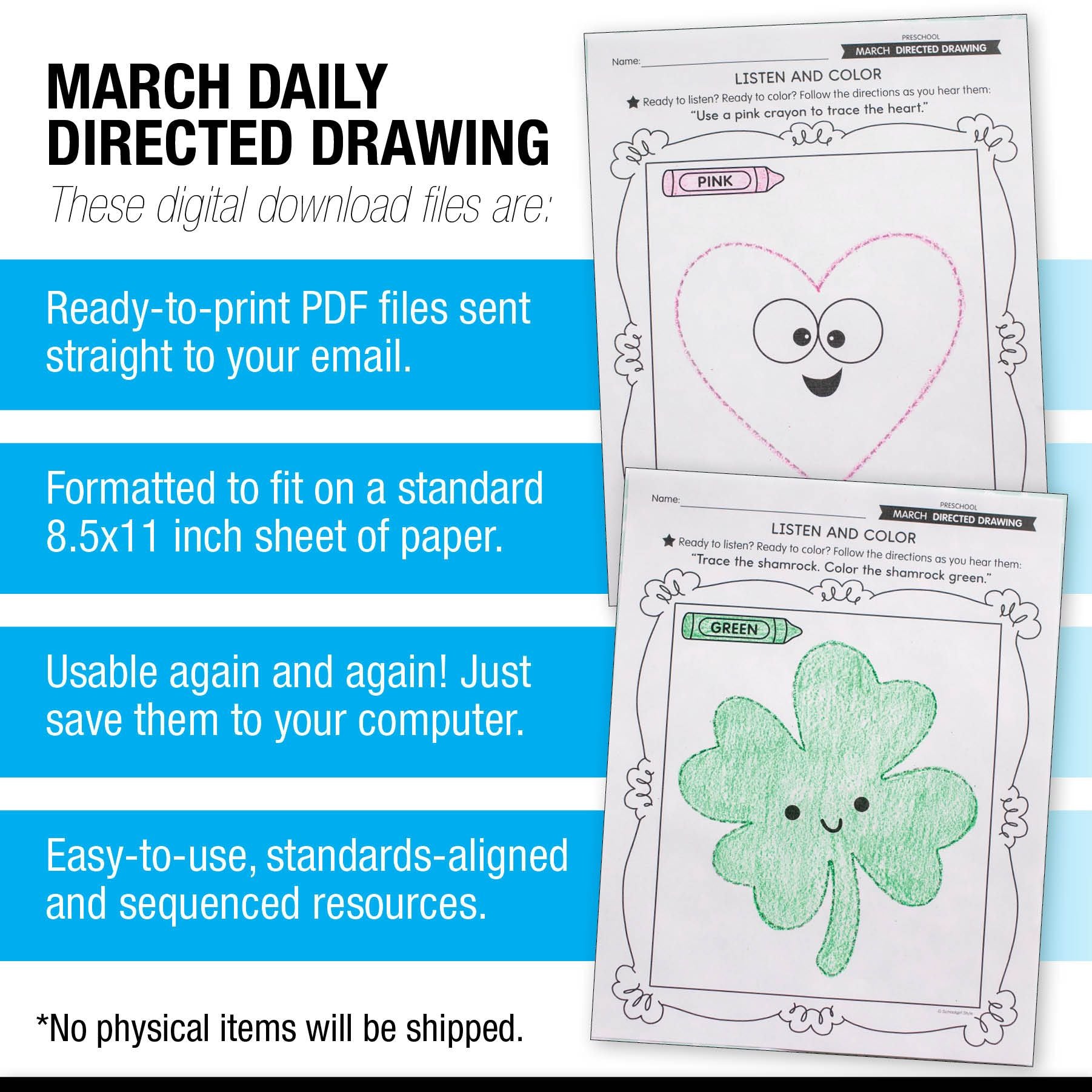 Printable Preschool March Directed Drawing Worksheets