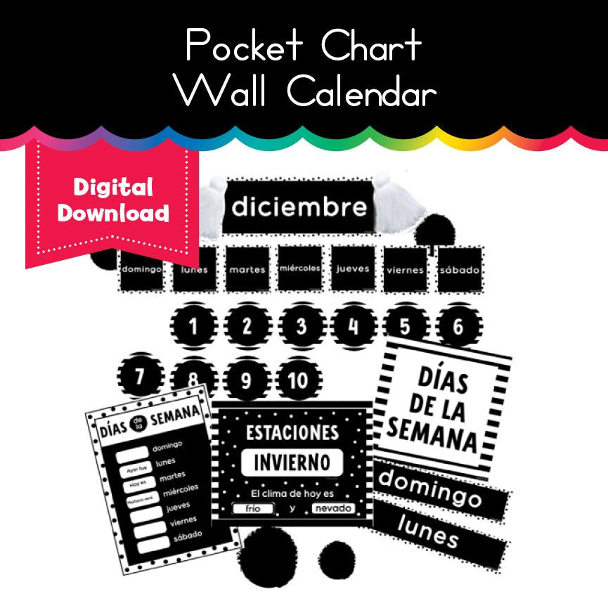 Spanish Black and White Monthly Pocket Chart Wall Calendar