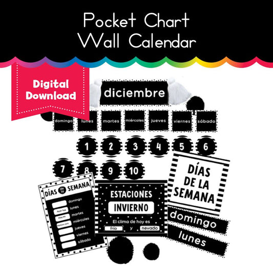 Spanish Black and White Monthly Pocket Chart Wall Calendar