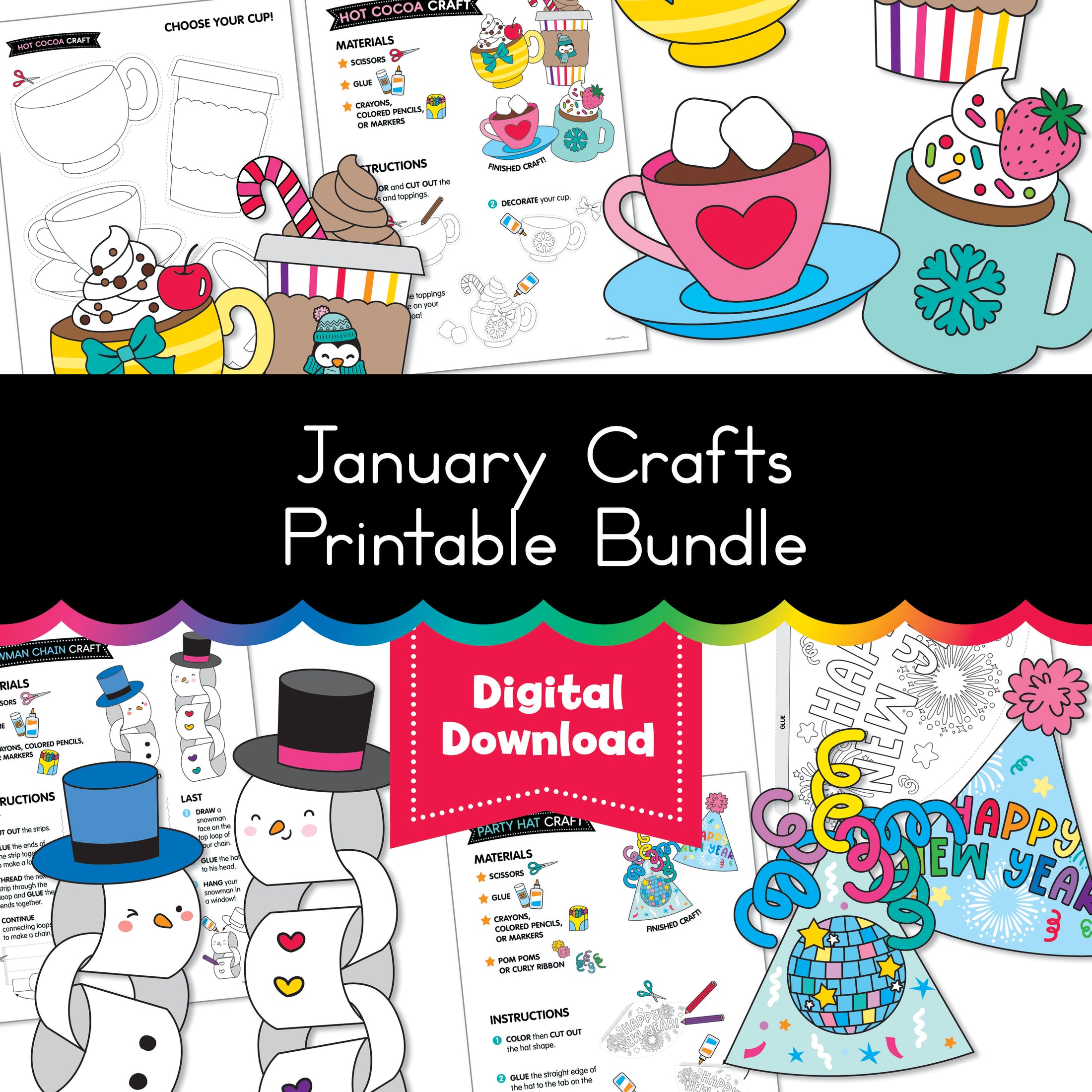 New Years Party Hat, Snowman Chain, Hot Cocoa | January Crafts Bundle | Printable Classroom Bundle