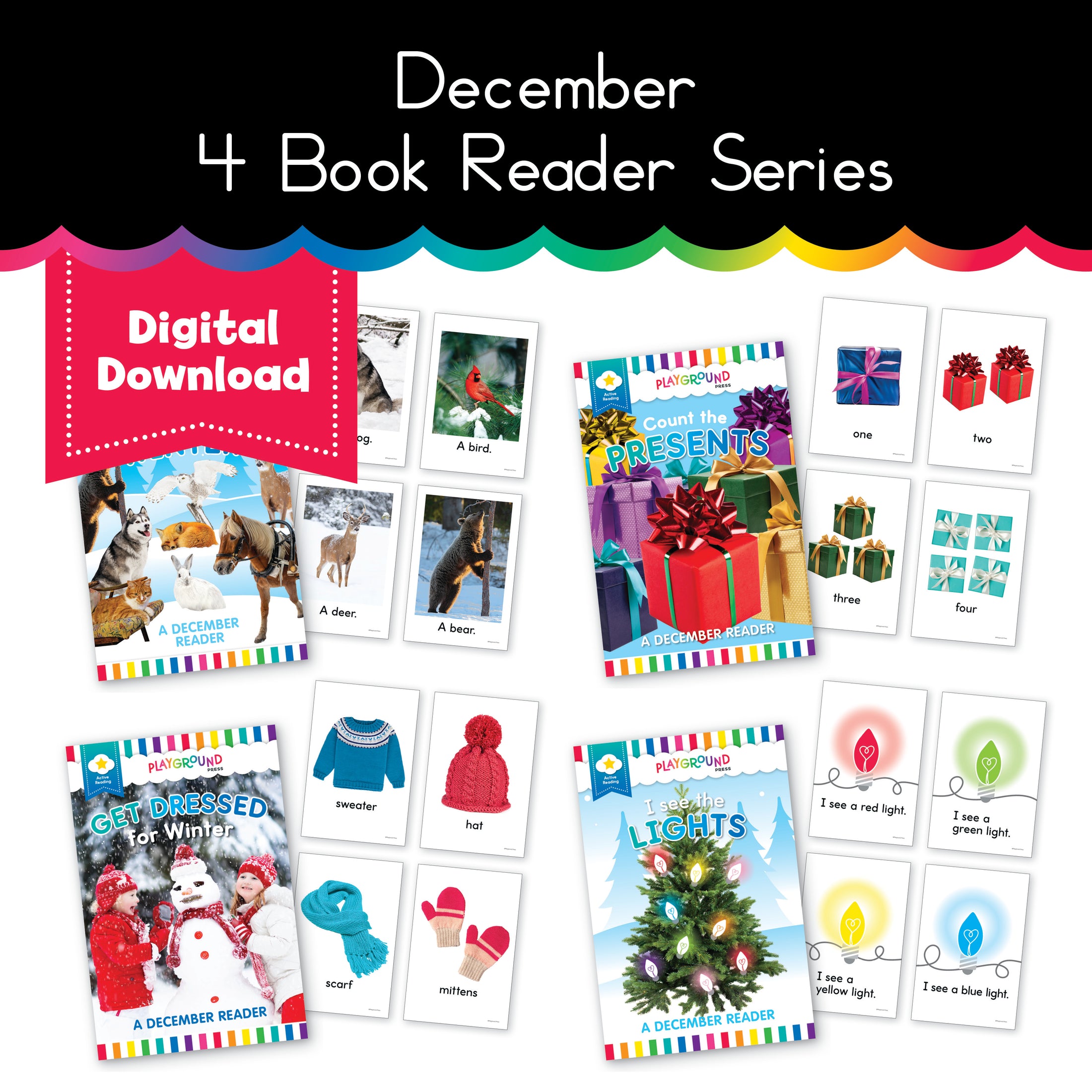 December Four Book Reader Series | Animals in Winter, Count the Presents, Get Dressed in Winter, I See the Lights 