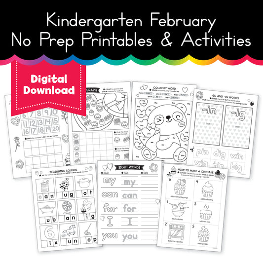 Kindergarten February No Prep Printables & Activities