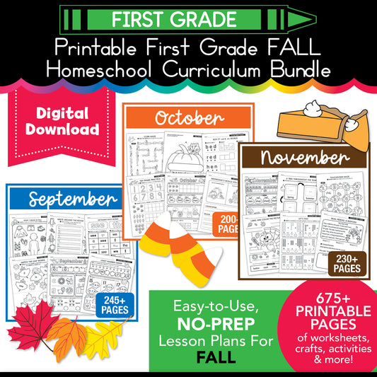 Printable First Grade Fall Homeschool Curriculum Bundle (September, October, November)