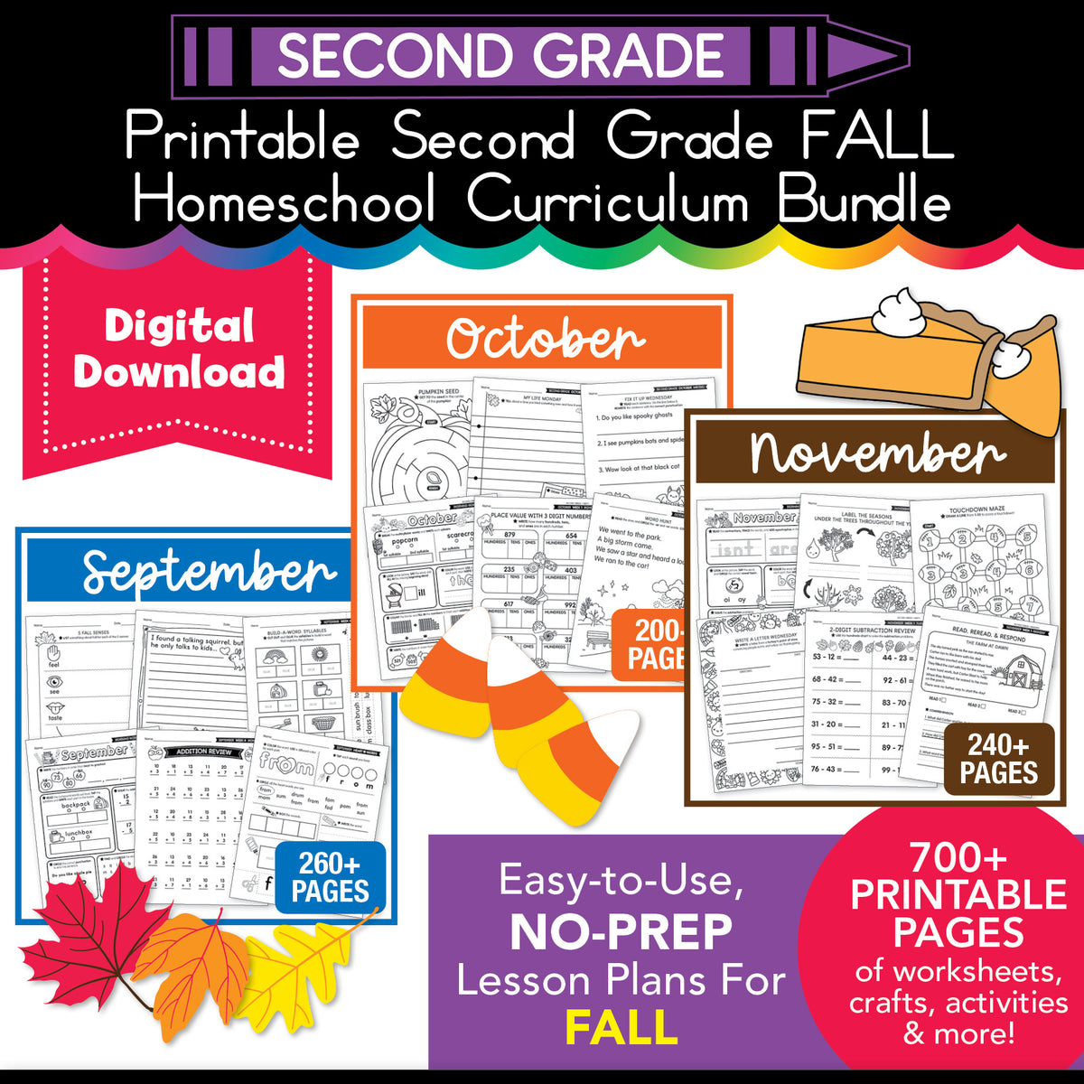Printable Second Grade Fall Homeschool Curriculum Bundle (September, October, November)
