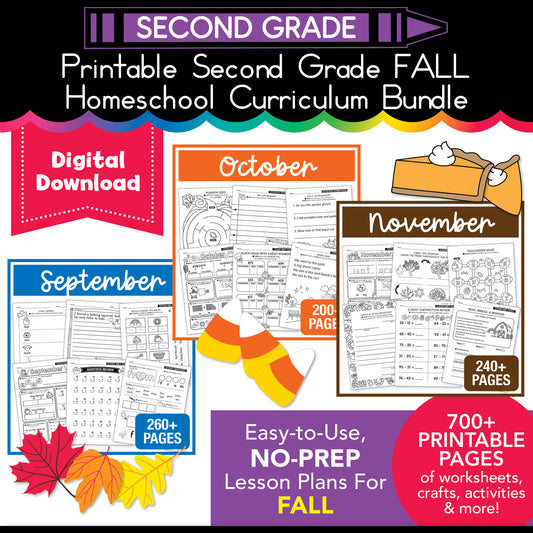 Printable Second Grade Fall Homeschool Curriculum Bundle (September, October, November)