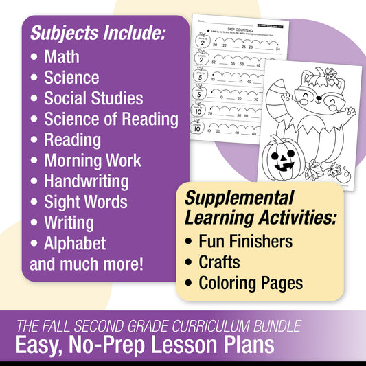 Printable Second Grade Fall Homeschool Curriculum Bundle (September, October, November)