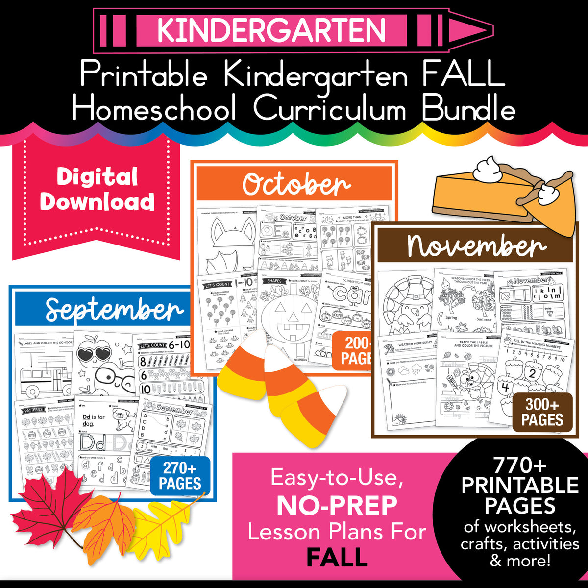 Printable Kindergarten Fall Homeschool Curriculum Bundle (September, October, November)