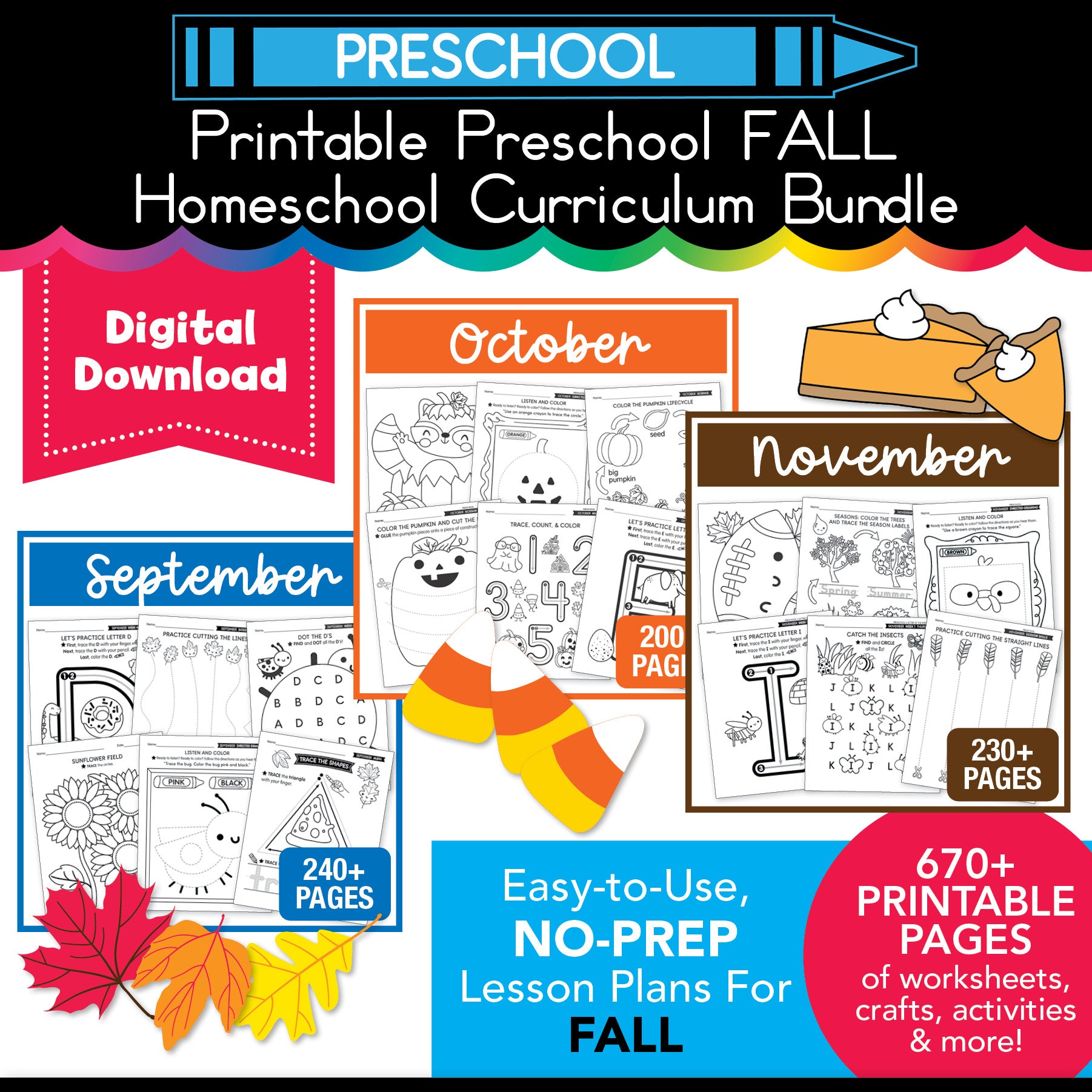 Printable Preschool Fall Homeschool Curriculum Bundle (September, October, November)