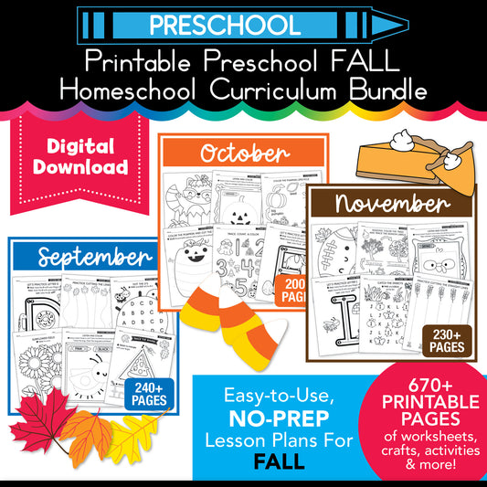 Printable Preschool Fall Homeschool Curriculum Bundle (September, October, November)