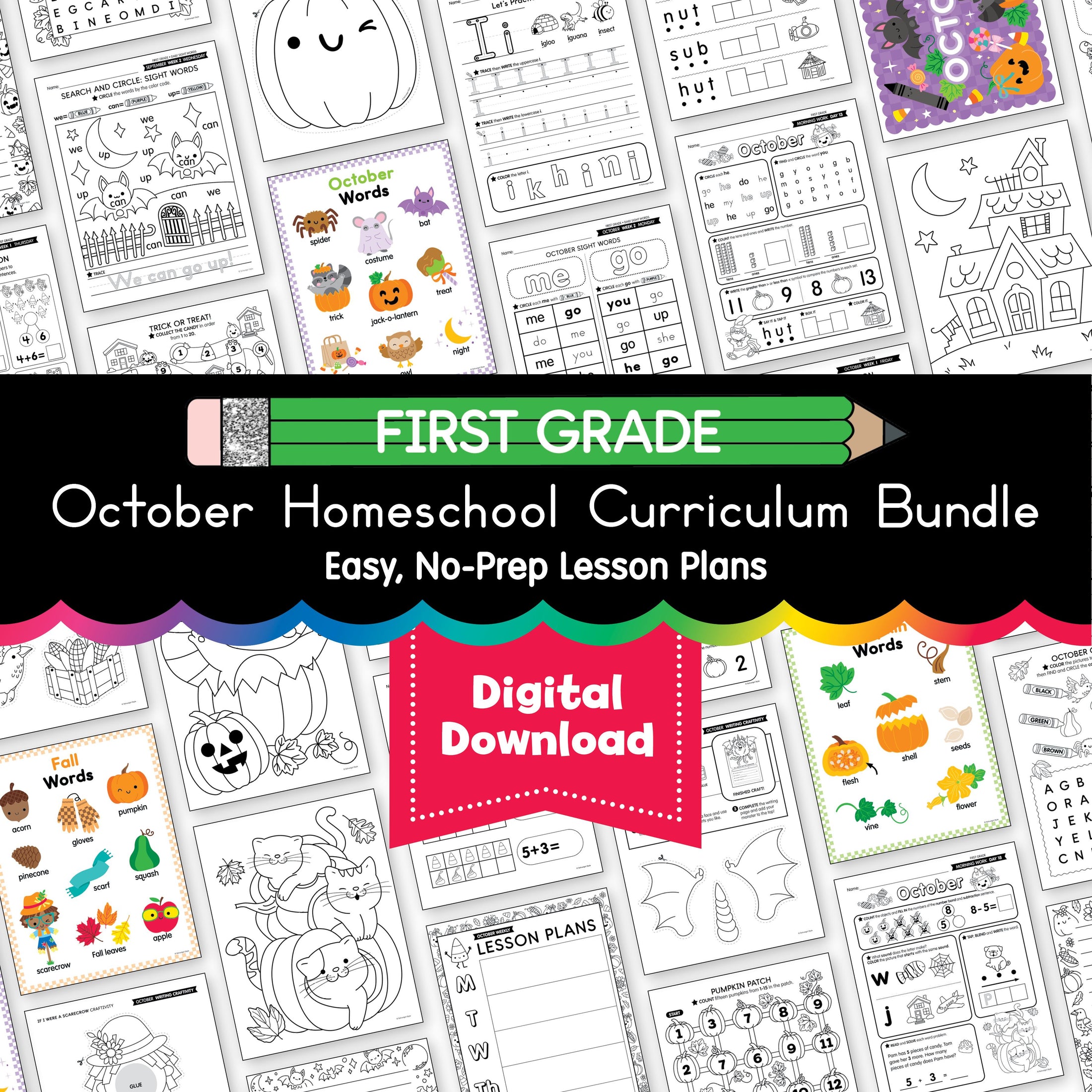 Printable First Grade October Homeschool Curriculum Bundle