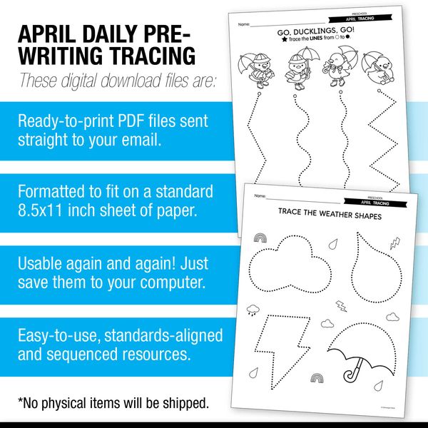 Printable Preschool April Daily Pre-Writing Tracing
