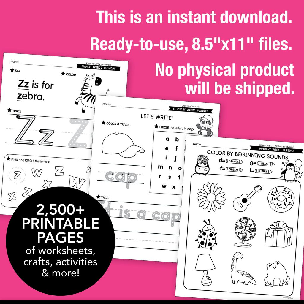 Printable Kindergarten Full Year Homeschool Curriculum Bundle