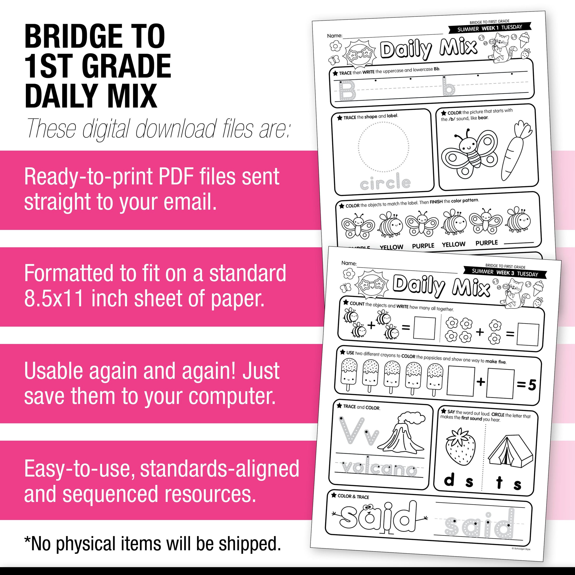 Printable Bridge To First Grade Daily Mix Digital Summer Workbook