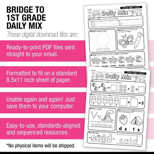 Printable Bridge To First Grade Daily Mix Digital Summer Workbook