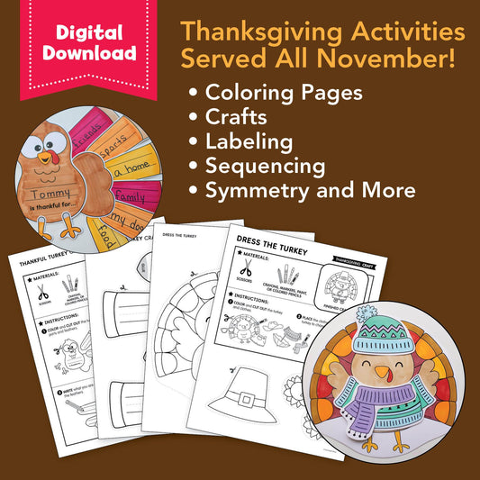 Printable November Thanksgiving Party Pack | Worksheets, Activities, & Coloring Pages