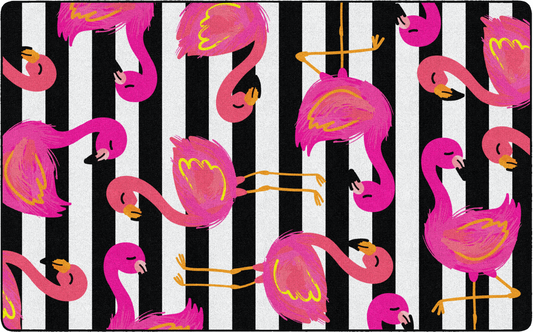 Black and White Stripes Flamingos Classroom Rug by Schoolgirl Style