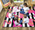 Load image into Gallery viewer, Black and White Stripes Flamingos Classroom Rug by Schoolgirl Style

