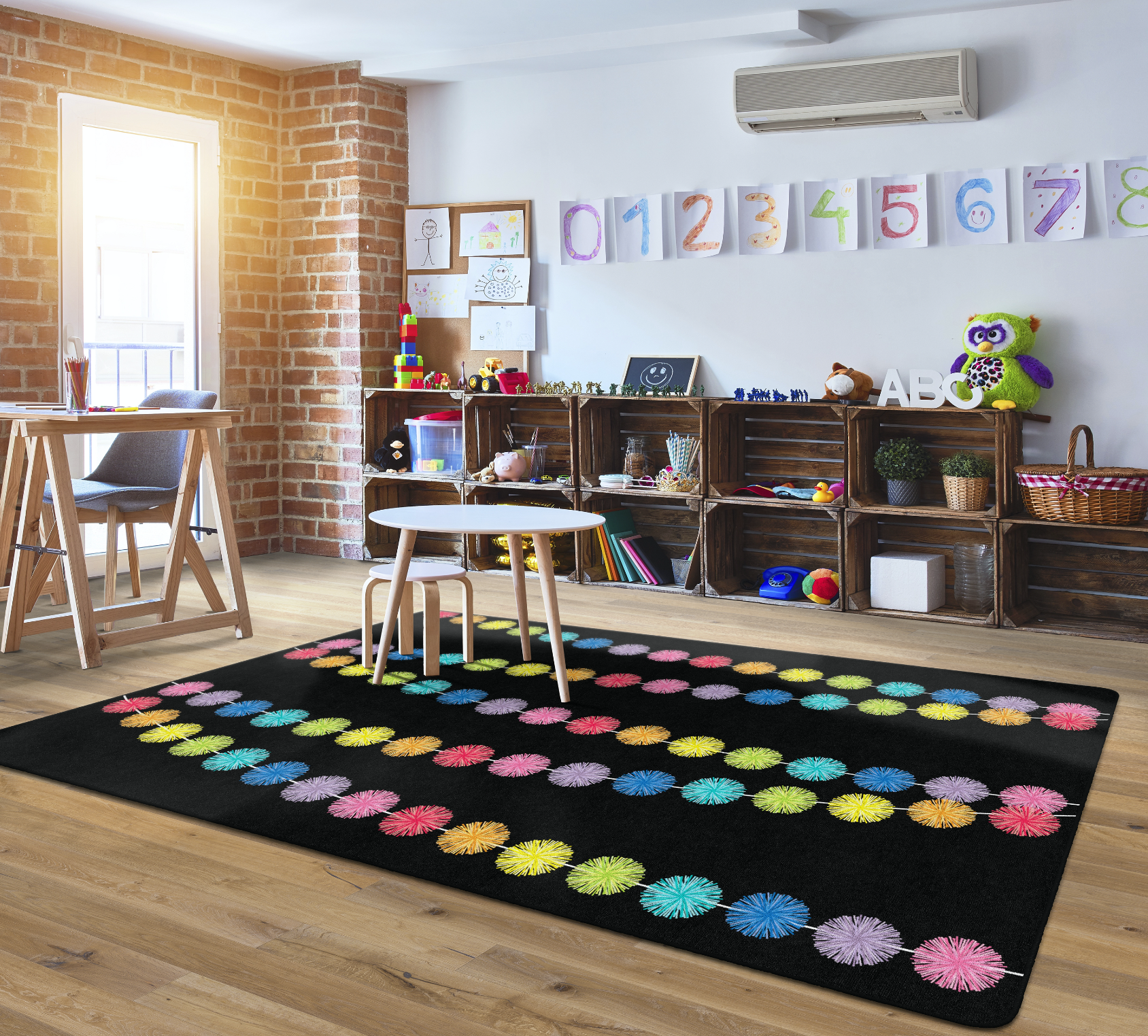 Rainbow Poms on Black Classroom Rug by Schoolgirl Style