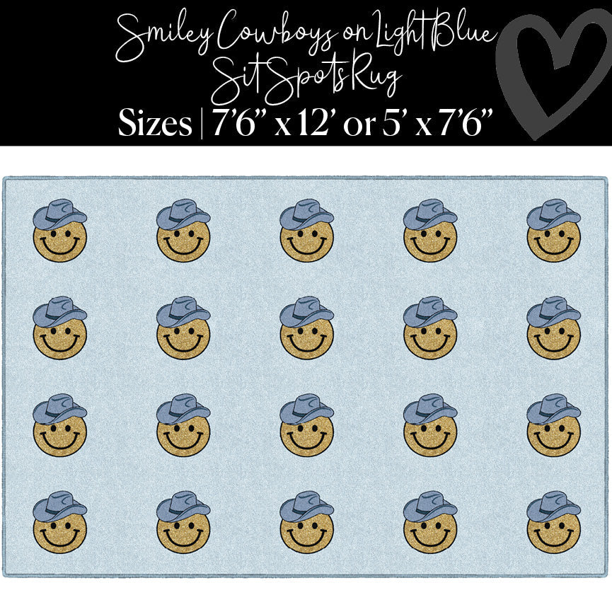 Smiley Cowboy Sit Spots on Light Blue Classroom Rug by Schoolgirl Style