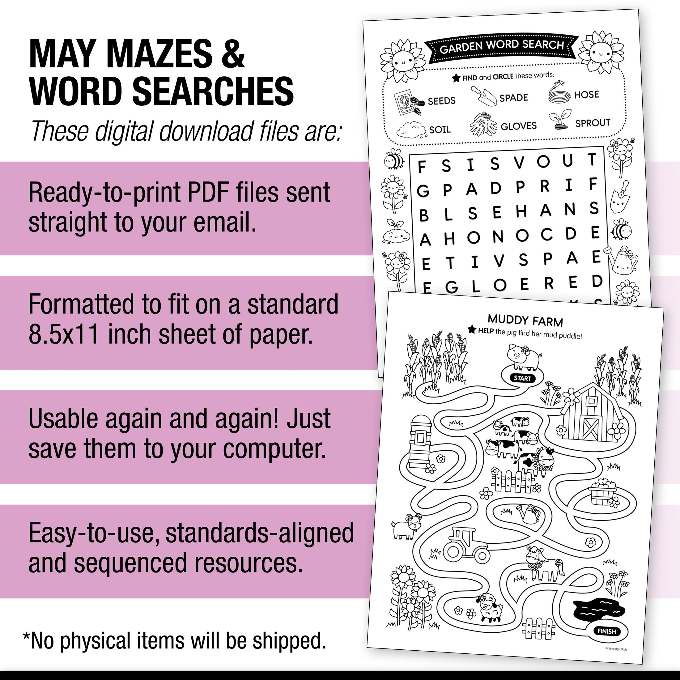 Printable May Mazes and Word Searches