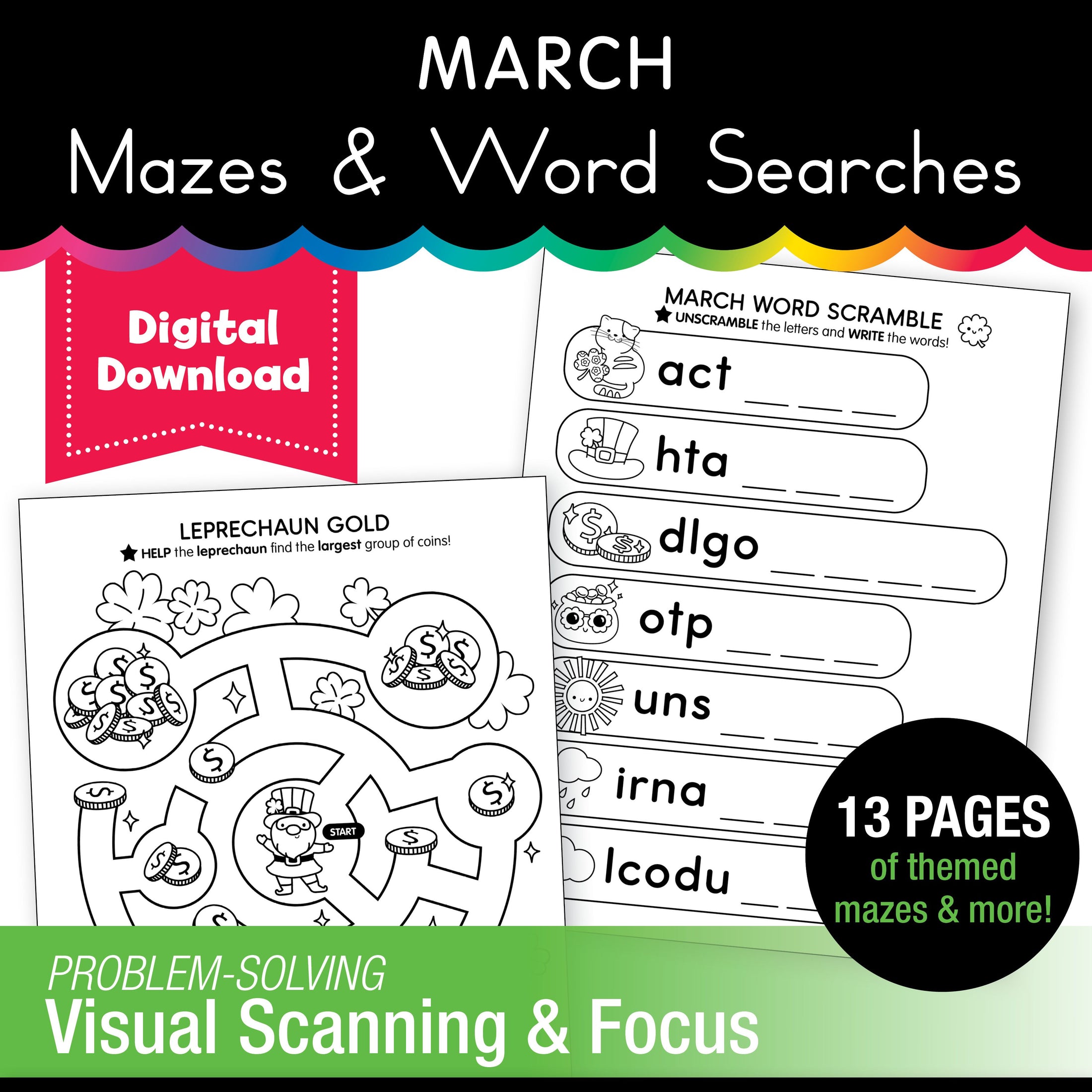Printable March Mazes and Word Searches