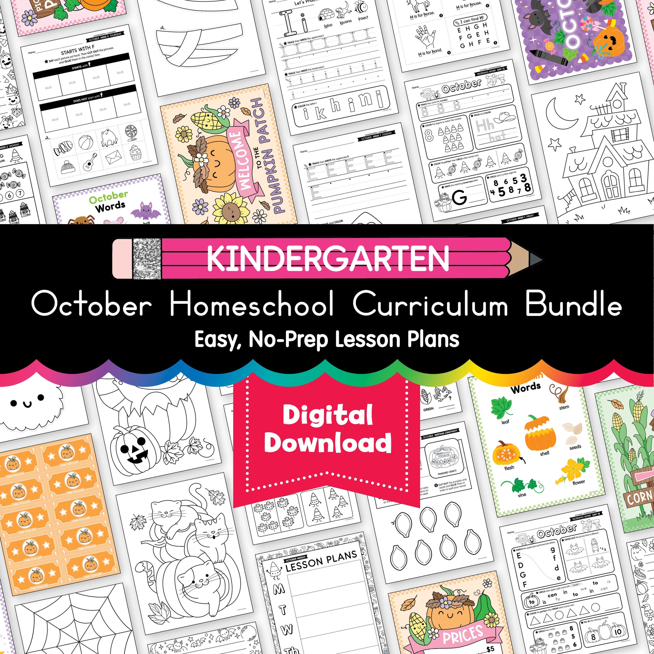 Printable Kindergarten October Homeschool Curriculum Bundle