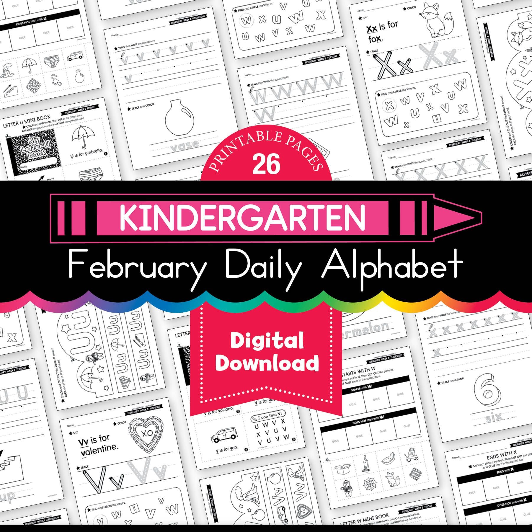 Printable Kindergarten February Daily Alphabet (Q-T)