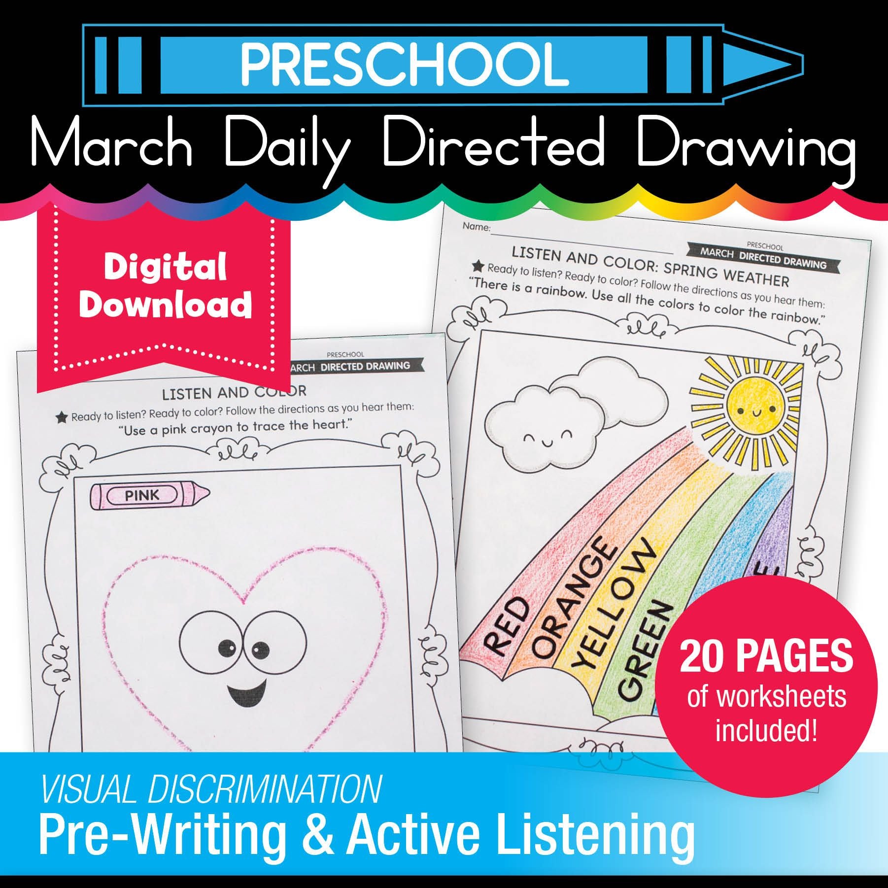 Printable Preschool March Directed Drawing Worksheets