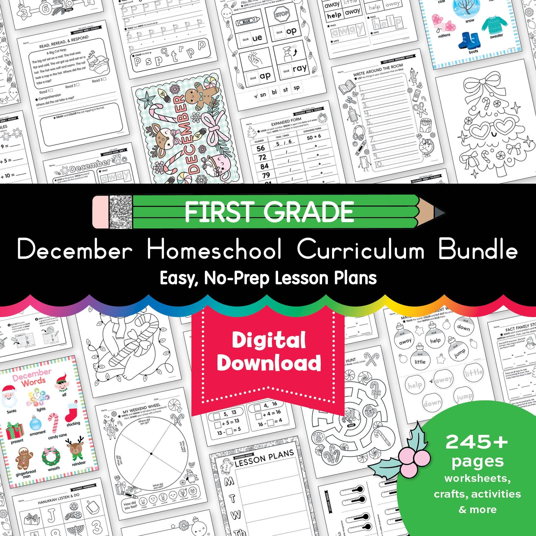 Printable First Grade December Homeschool Curriculum Bundle