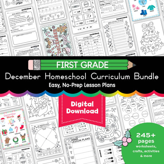 Printable First Grade December Homeschool Curriculum Bundle