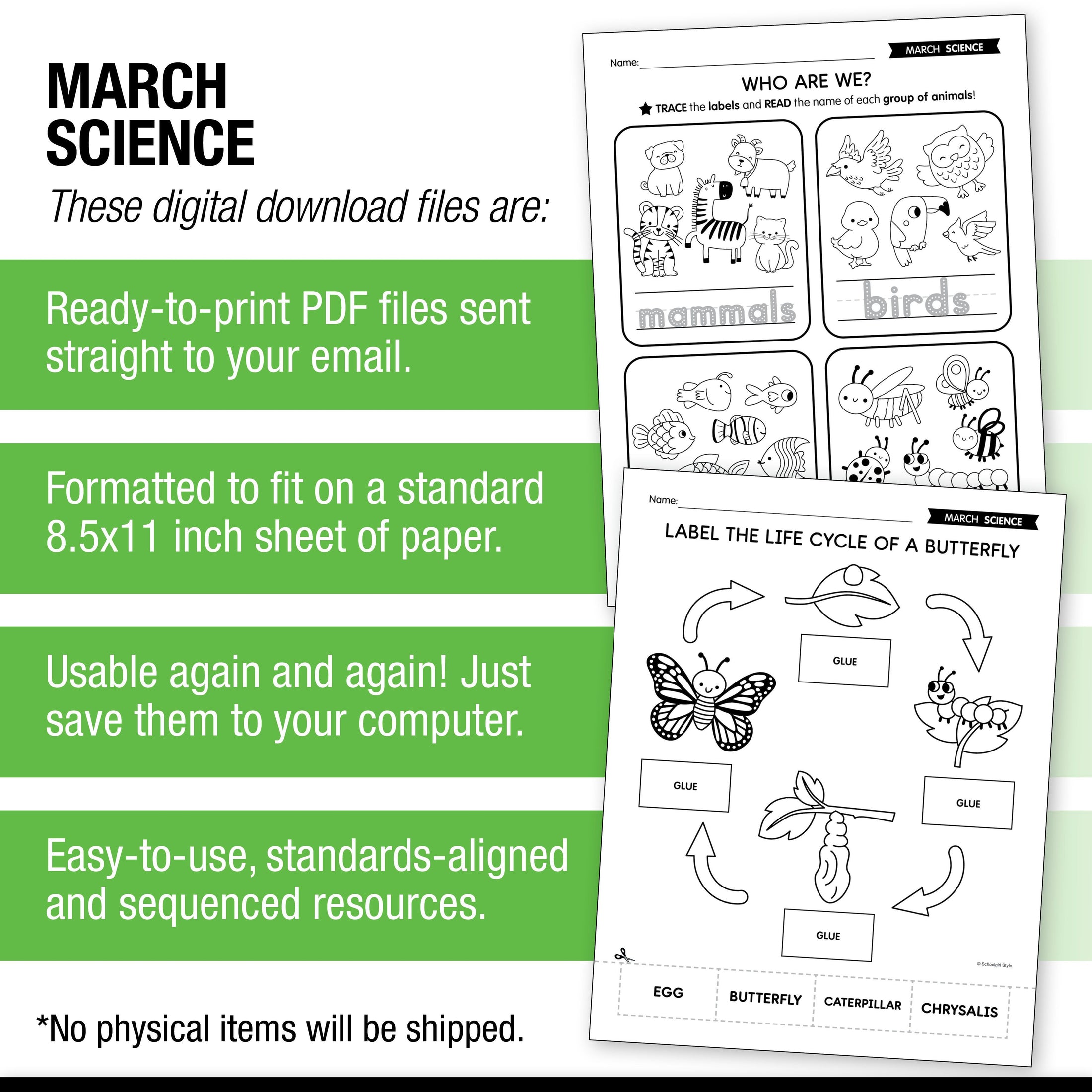 Printable March Science - Animals & Butterfly Life Cycle