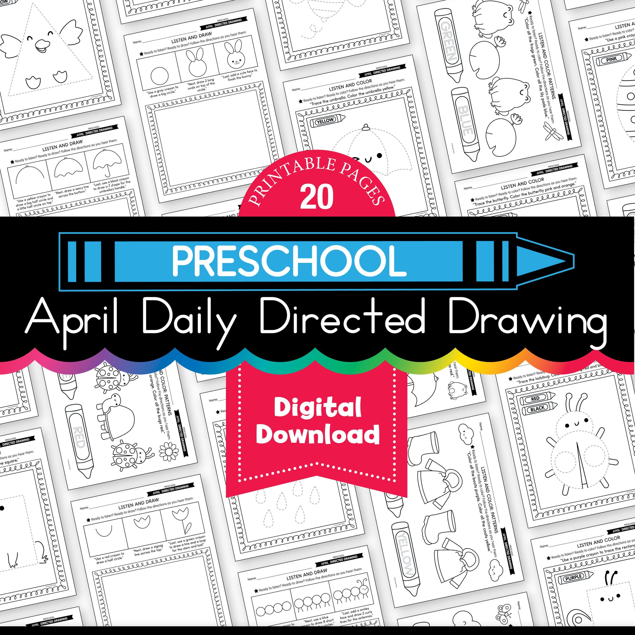 Printable Preschool April Directed Drawing Worksheets