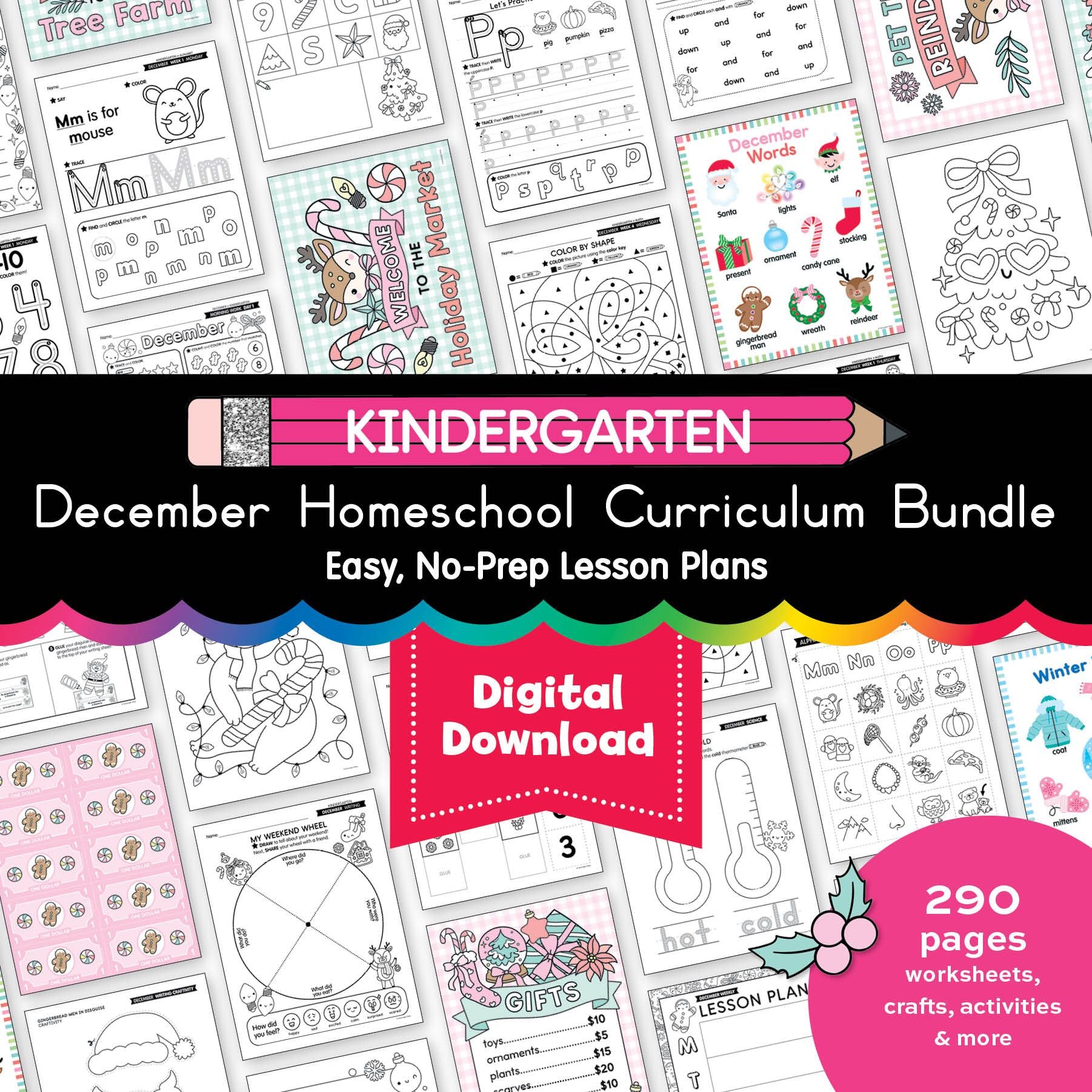 Printable Kindergarten December Homeschool Curriculum Bundle