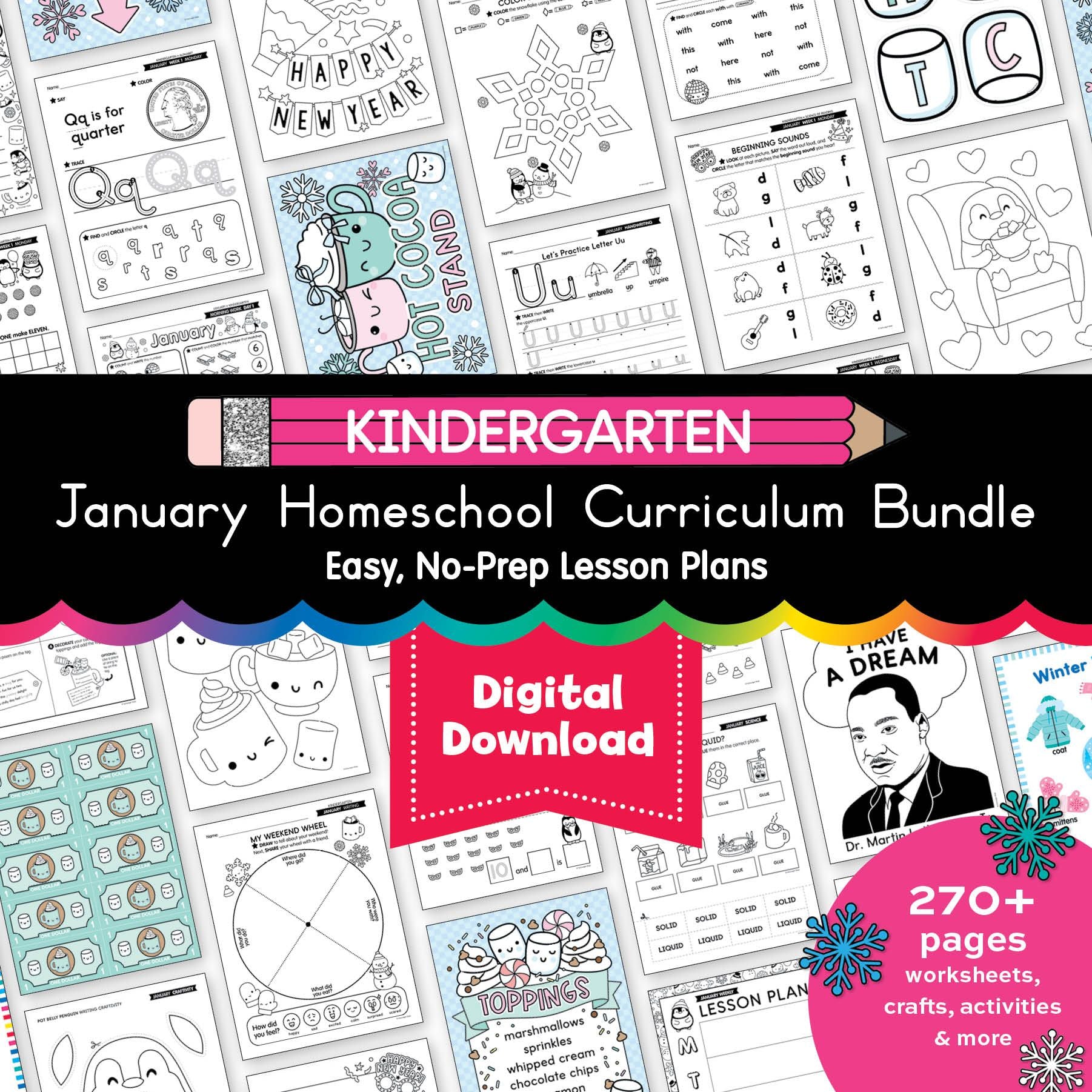 Printable Kindergarten January Homeschool Curriculum Bundle