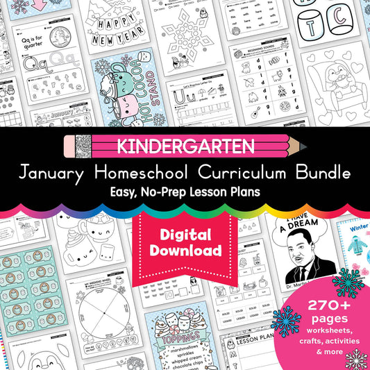 Printable Kindergarten January Homeschool Curriculum Bundle