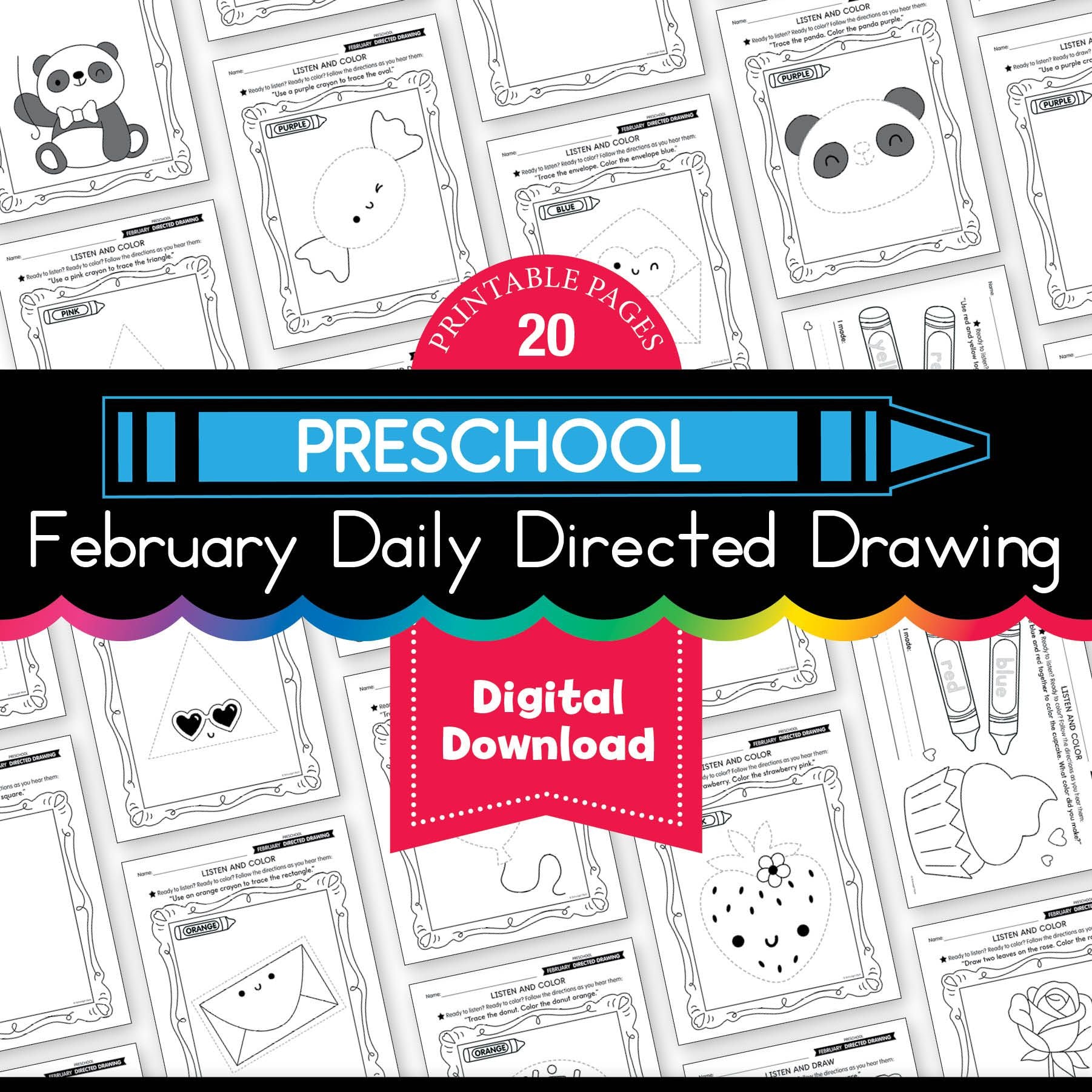 Printable Preschool February Directed Drawing Worksheets